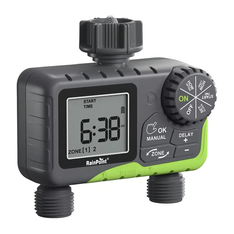 Programador De Riego Automático Rain Point 2 Zonas Pantalla Digital Jardín Gris/verde